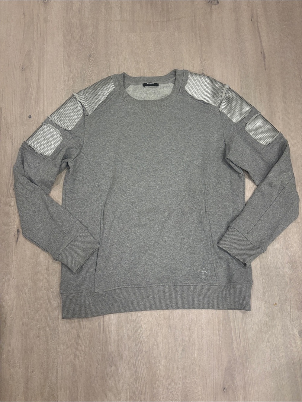 Balmain Gray Crewneck Sweater with  Shoulder Panels